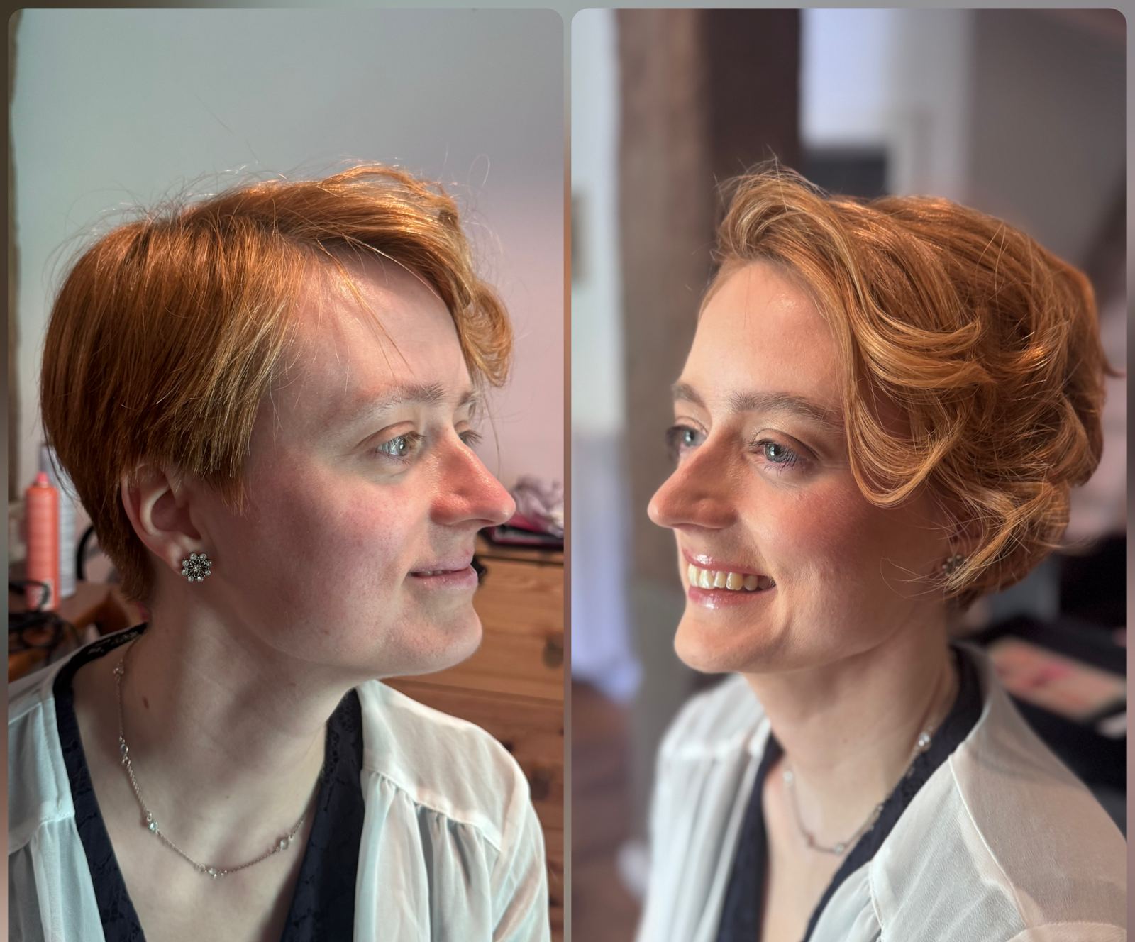 Vorher und nachher, Hochsteckfrisur und Make-up